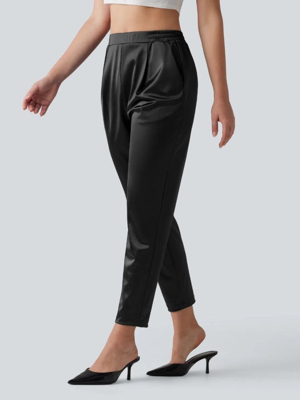 Halara Medium Black High Waisted Tapered Satin Casual Pants with Pockets 50% off